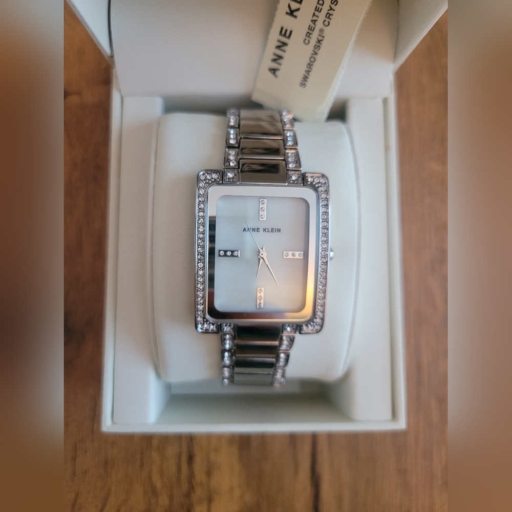 Anne Klein Swarovski Crystal Accented Mother Of Pearl Bracelet Watch Silver Tone